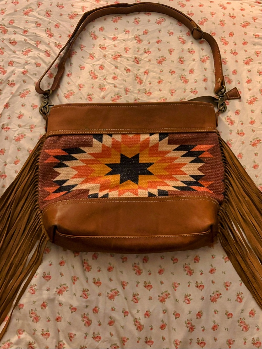 Myra Bag Brown Leather Fringe Shoulder Bag with Southwestern Star Panel